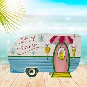Camper Table Decor Wood Block Decoration Let it Snow Tropical